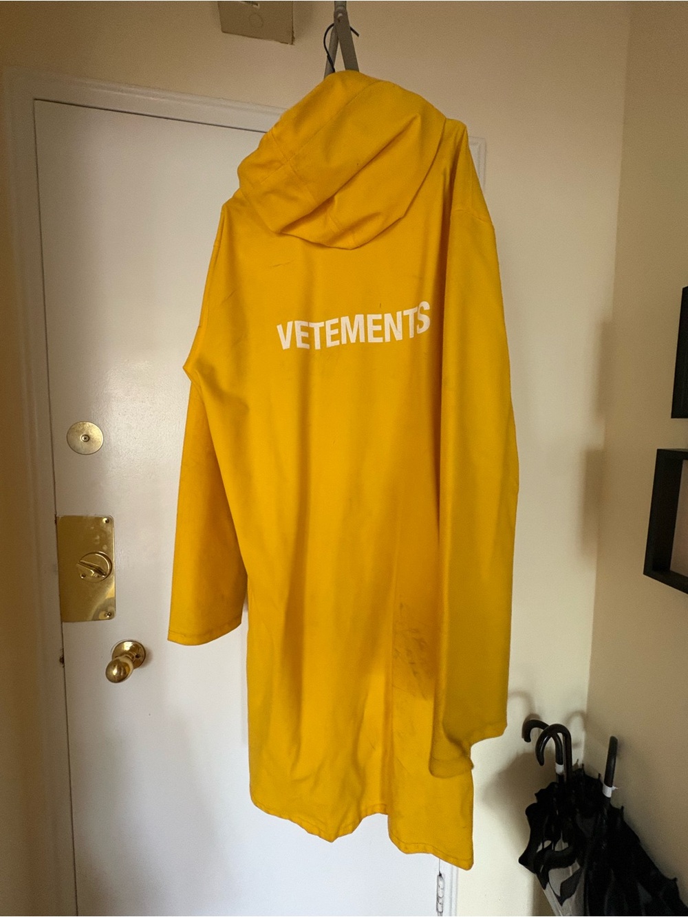 Vetements Yellow Hooded Raincoat with White Logo